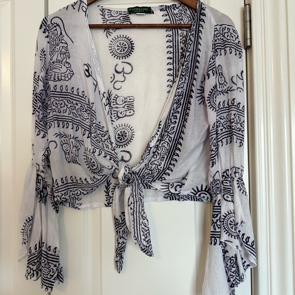 White and Blue Tie in front rayon blouse.